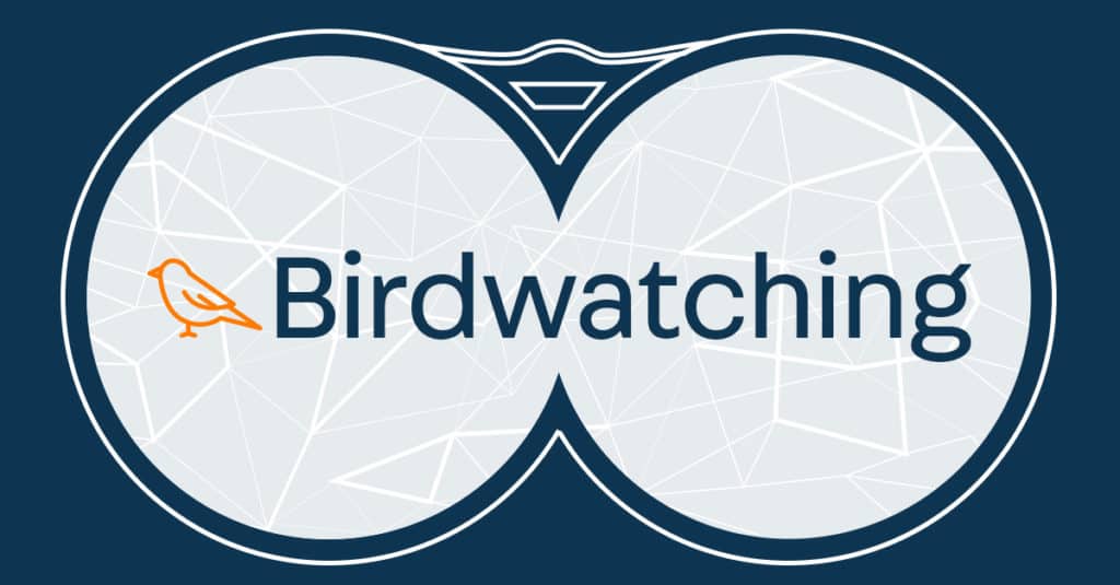 Blue binoculars image with an orange bird icon and the word Birdwatching